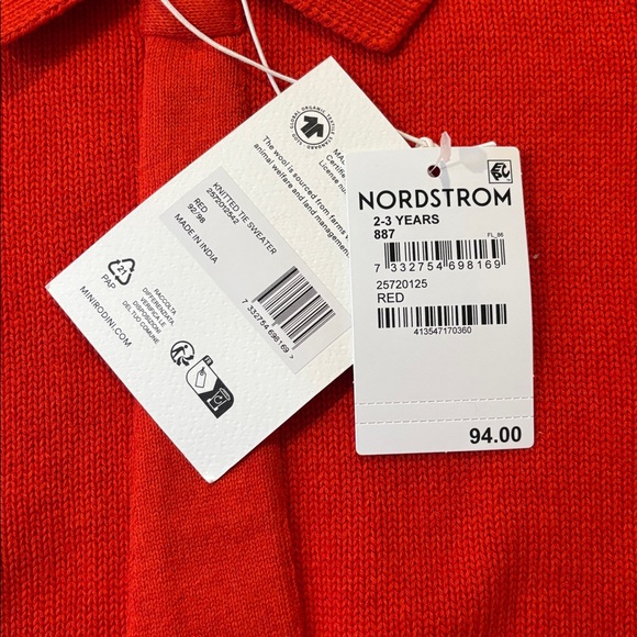 New! MINI RODINI 92/98 Red Wool Knitted Tie Sweater Collar - Picture 6 of 9